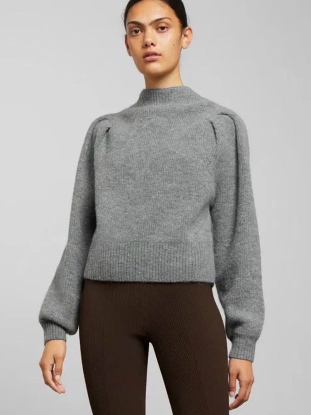 Weekday Sadie Gray Mock Neck Balloon Sleeve Knit Sweater Ribbed Wool Blend Small